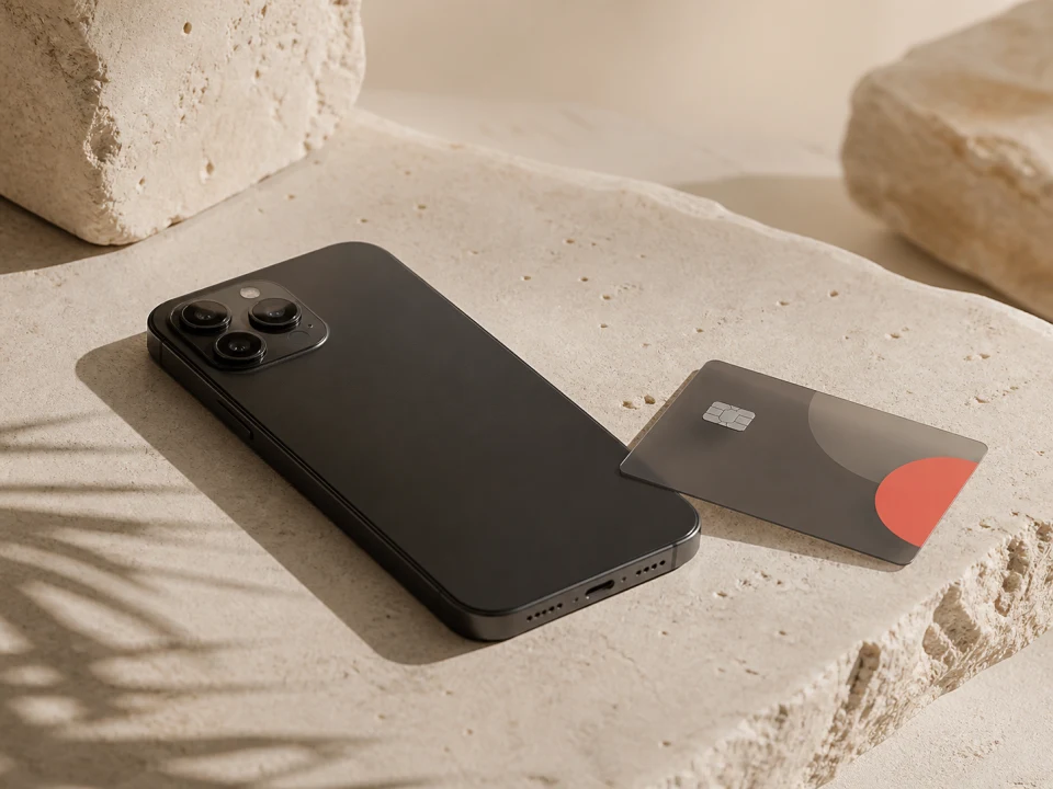 A phone and payment card on pale stone